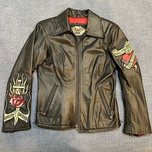 Harley Davidson black leather jacket custom leather embroidered on arms